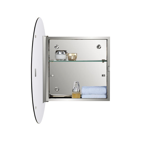 Fundin Mirror Cabinet with Stainless Steel Frame, Round Mirrored Door, Adjustable Glass Shelves, Surface Mounted, 50cm x 50cm, Mirrored Finish