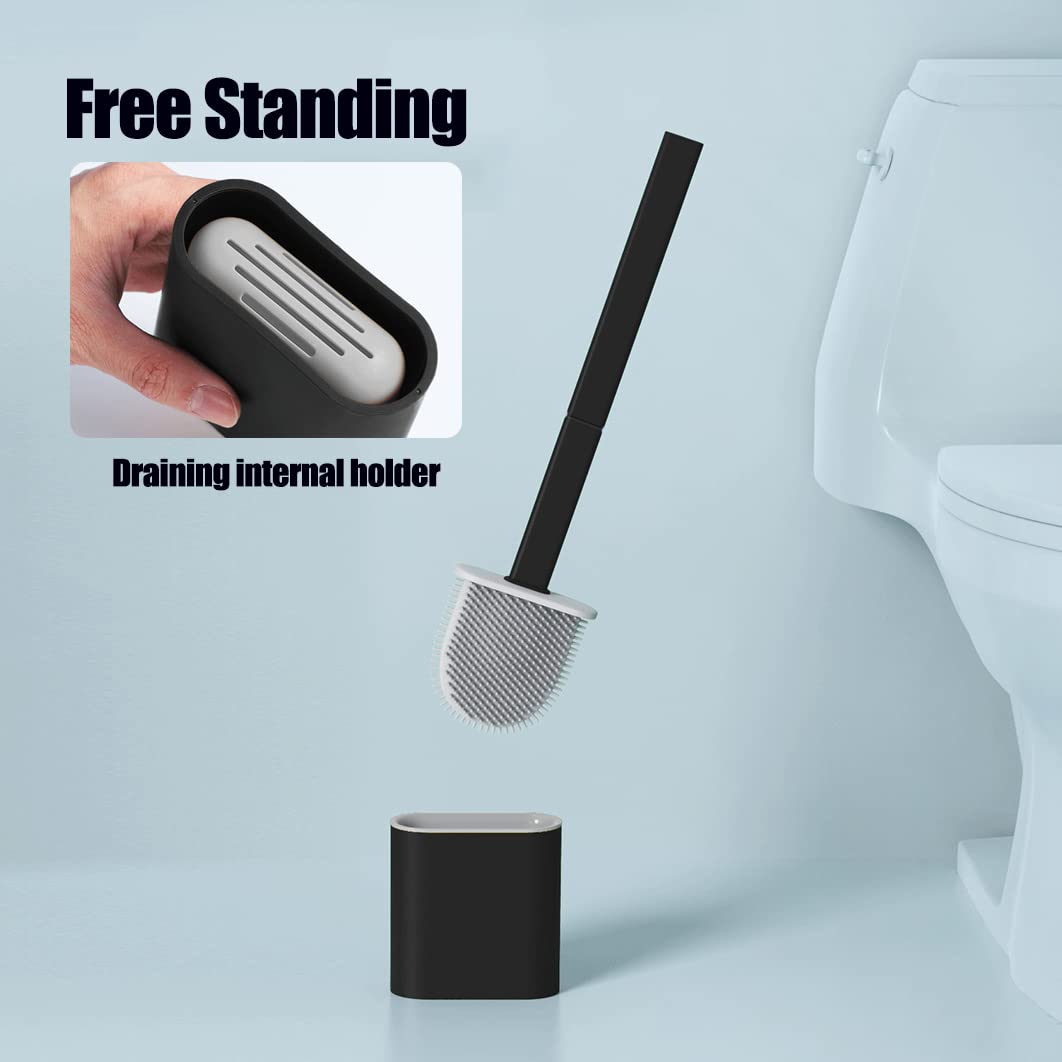 Feicuan Toilet Brush with Holder - Silicone Toilet Brush Flooring/Wall Mounted Detachable Rubber Flexible Bristles Long Plastic Handle Deep Cleaner