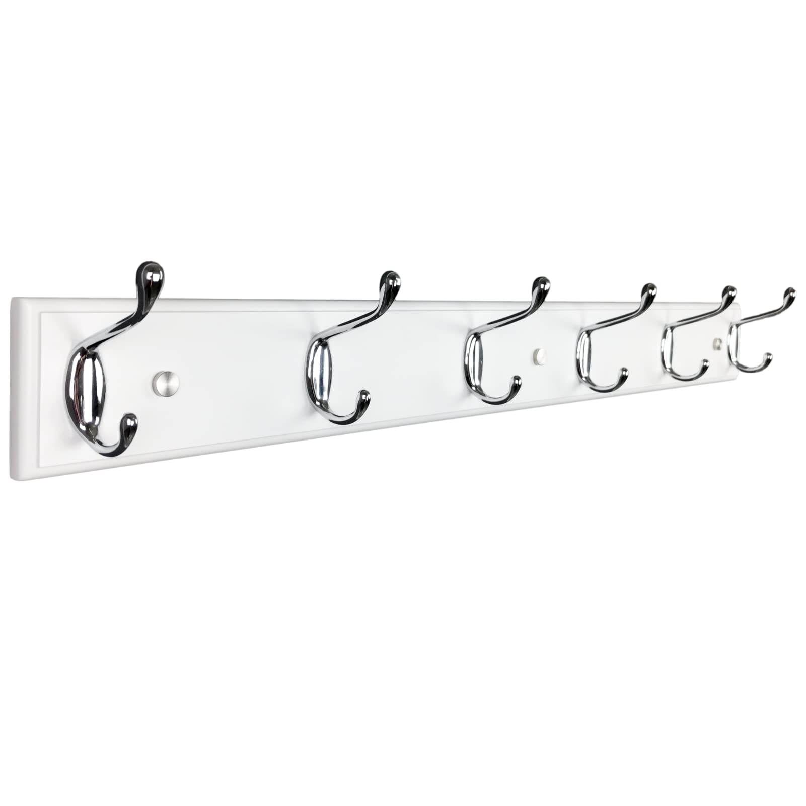 lomejii Long Wooden wall Mounted Coat Rack Wood White 6 Hooks, 70 cm, Sturdy Silver Coat Hook Rack for Clothes, Hats, Bags