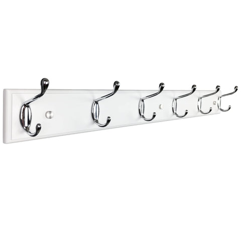 lomejii Long Wooden wall Mounted Coat Rack Wood White 6 Hooks, 70 cm, Sturdy Silver Coat Hook Rack for Clothes, Hats, Bags
