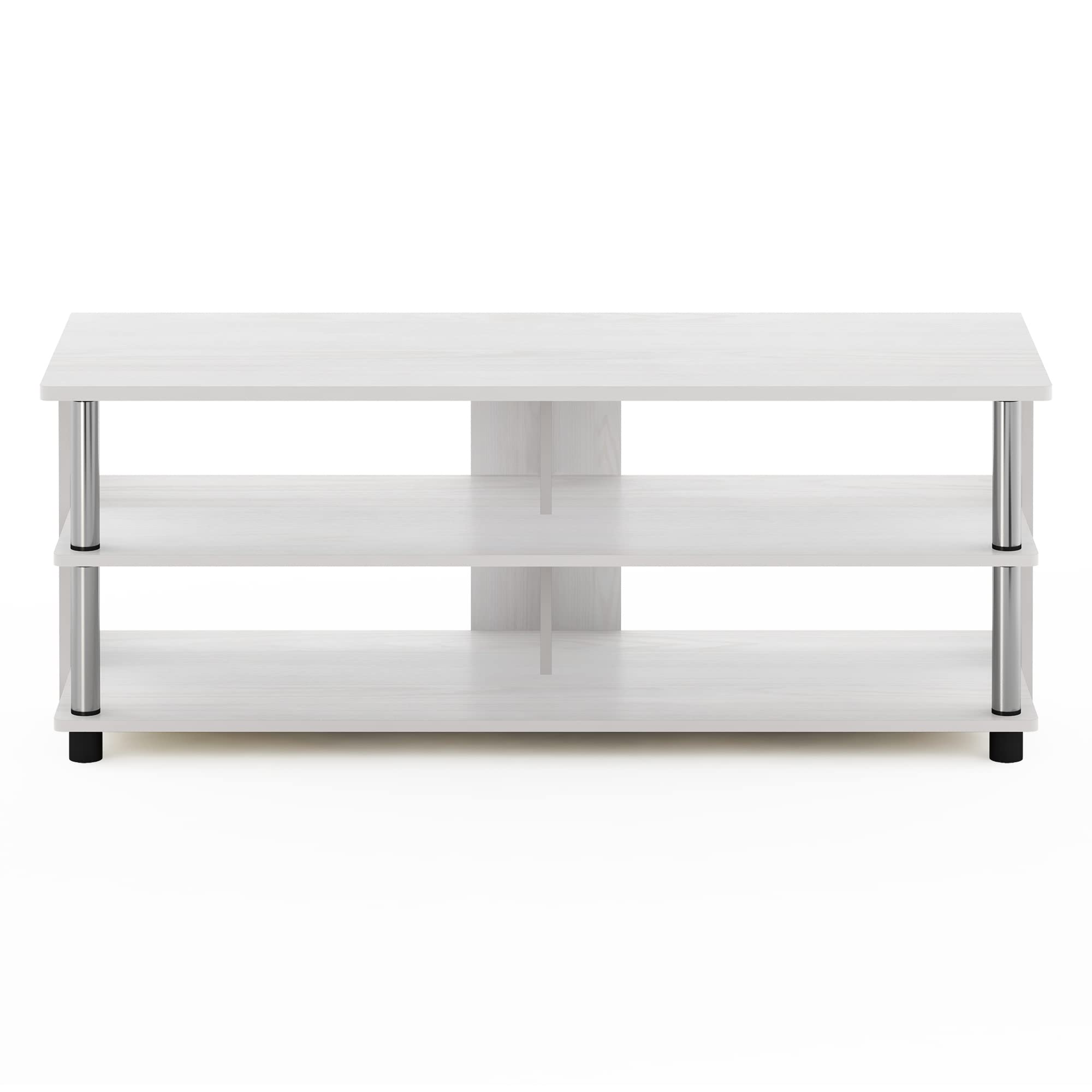 Furinno SULLY TV Stand, 3-Tier Entertainment Center, TV Console for TV up to 48 Inch, for Living Room, Bedroom, White Oak/Stainless Steel Tubes