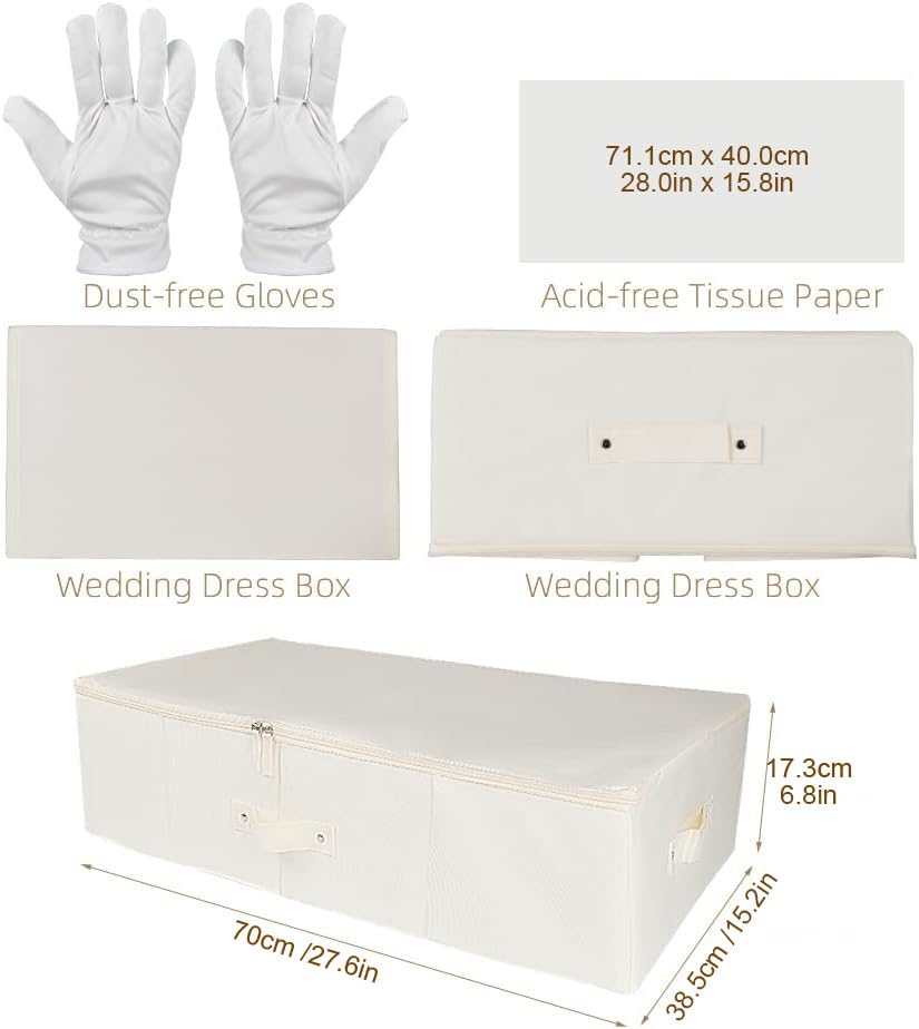 Wedding Dress Preservation Storage Box: Beige Preservation Box/Bridal Gown Storage Bin/Underbed Storage Container with 20Pcs Acid Free Tissue Paper