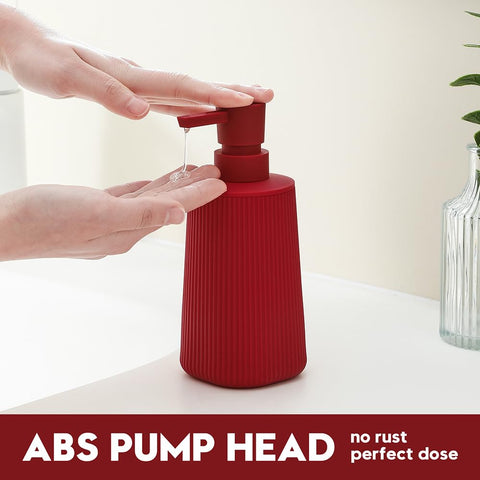 Small Soap Dispenser for Bathroom and Kitchen, Modern Farmhouse Striped Style Plastic Hand Soap Dish Soap Dispenser with Pump Matte Red