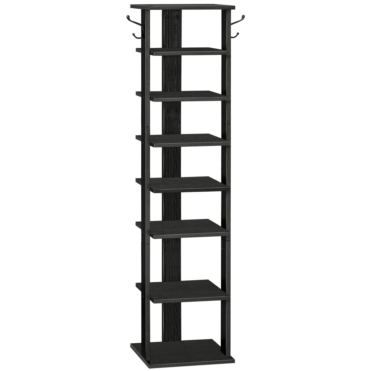 HOOBRO Tall Shoe Rack Wooden, Narrow Shoe Storage Organizer with 2 Hooks, Slim Shoe Shelf, Vertical Shoe Tower for Entrance, Living Room, Hallway