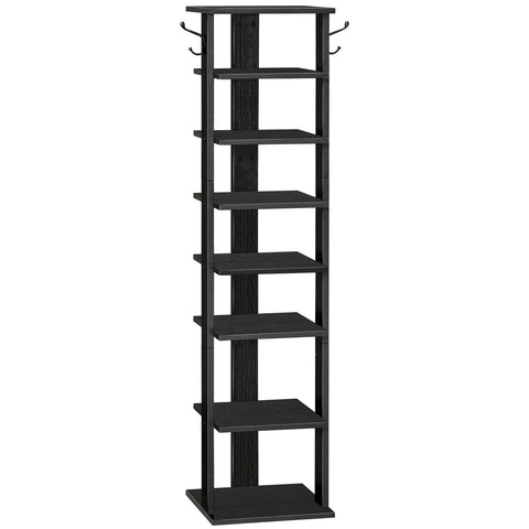 HOOBRO Tall Shoe Rack Wooden, Narrow Shoe Storage Organizer with 2 Hooks, Slim Shoe Shelf, Vertical Shoe Tower for Entrance, Living Room, Hallway