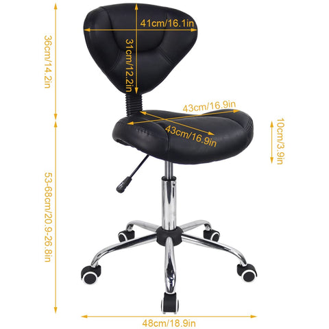 WKWKER Ergonomic Rolling Stool With Thick Cushion PU Leather Height Adjustable Swivel Stool For Work SPA Salon Tattoo With Back (Black)