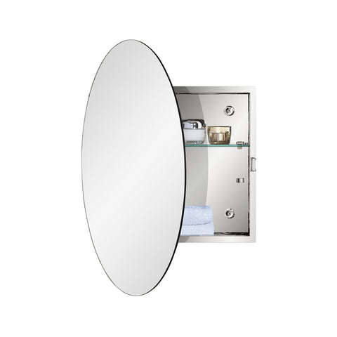 Fundin Mirror Cabinet with Stainless Steel Frame, Round Mirrored Door, Adjustable Glass Shelves, Surface Mounted, 50cm x 50cm, Mirrored Finish