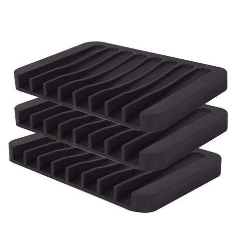 Flexible Silicone Soap Dish - Bathroom Organizer, Water Tray Stand, Non-Slip Box, Drainable Saver Pad for Shower, Kitchen - Black