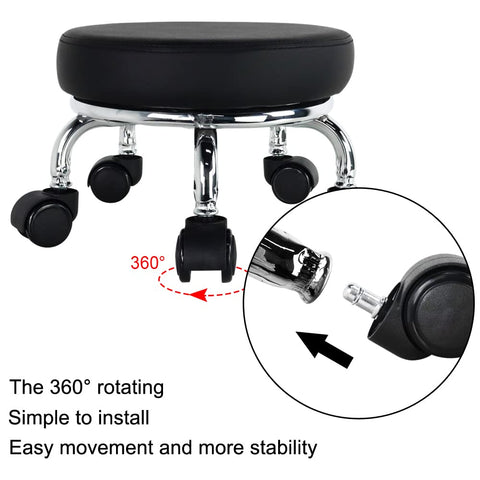 WKWKER Roller Seat PU Leather Low Round Rolling Stool Small Chair with Universal Swivel Caster Wheels for Home Office Garage Shop Fitness Sport（Black）