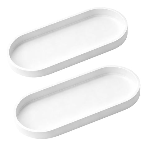2 Pcs Bathroom Trays, White Bathroom Vanity Tray, Oval Silicone Organizer Trays, Toilet Tank Storage Tray for Jewelry Rings Dresser Kitchen Sink