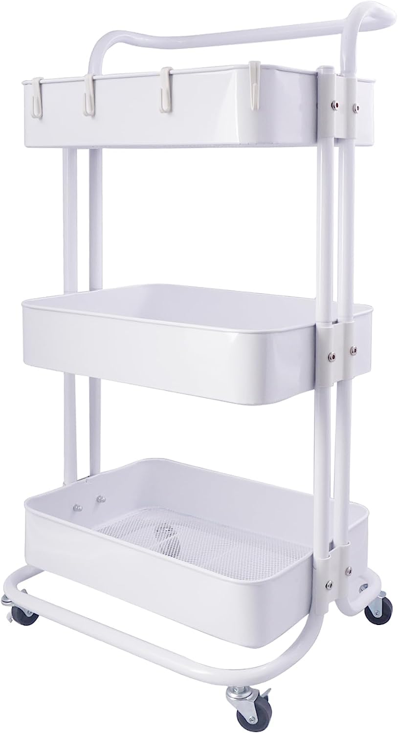 lamde 3-Tier Metal Rolling Utility Cart with Handle, Utility Organizer Cart-Multi-Functional Storage Trolley for Office, Living Room, Kitchen