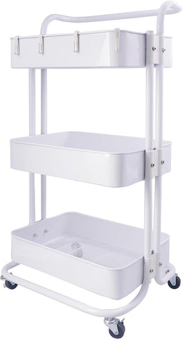 lamde 3-Tier Metal Rolling Utility Cart with Handle, Utility Organizer Cart-Multi-Functional Storage Trolley for Office, Living Room, Kitchen