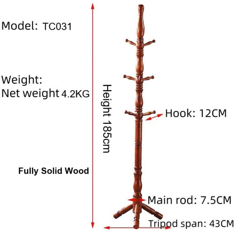 Multibao Sturdy Wooden Coat Rack Stand Vintage Posh Solid Wood 185cm with 9 Hooks Heavy Duty Free standing Hall Coat Hat Clothes Tree Stands for