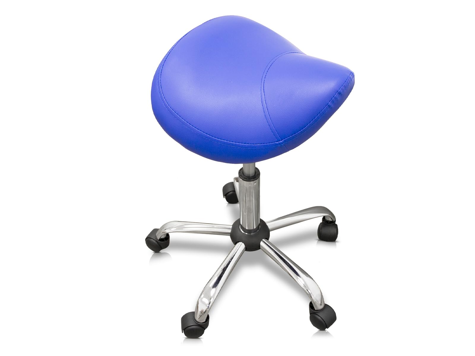 QUIRUMED Ergonomic Pony Stool with Steel Base, Black, Upholstered in Leatherette, Adjustable Height, Padded Seat, Swivel Wheels, Up to 150 kg