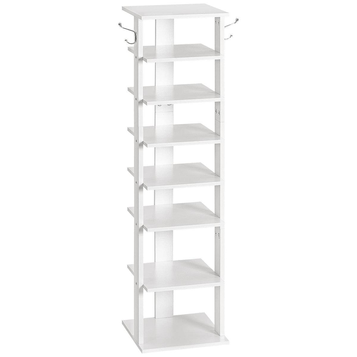 HOOBRO Shoe Rack Wooden, White Shoe Shelf, Tall, Narrow Shoe Storage Organizer with 2 Hooks, Vertical Shoe Tower for Entrance, Living Room, Hallway