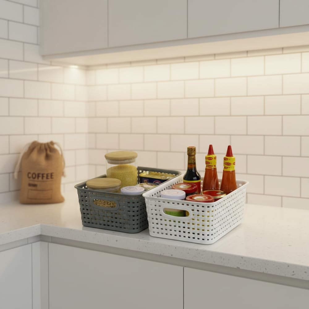 Rinboat Muti-Colour Rectangle Plastic Weave Storage Shelf Baskets, Pack of 6