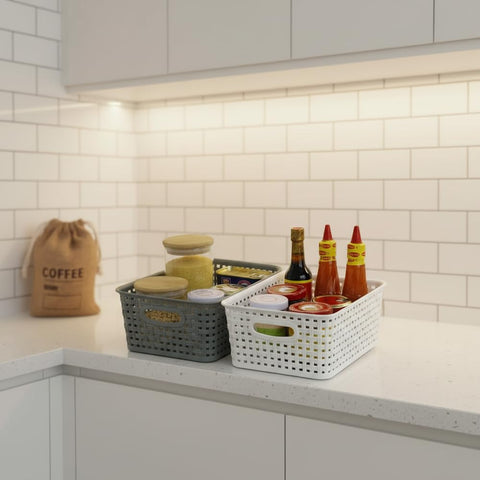 Rinboat Muti-Colour Rectangle Plastic Weave Storage Shelf Baskets, Pack of 6