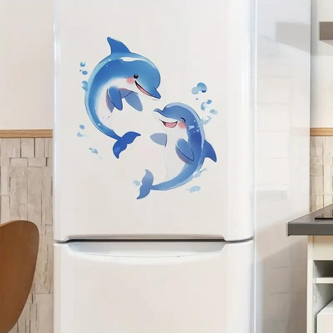 Sky Blue Dolphin Toilet Cover Sticker Decals,Spring Flower Leaf Butterfly Waterproof Toilet Lid Tank Seat Decals Cistern Self-Adhesive Bathroom Wall