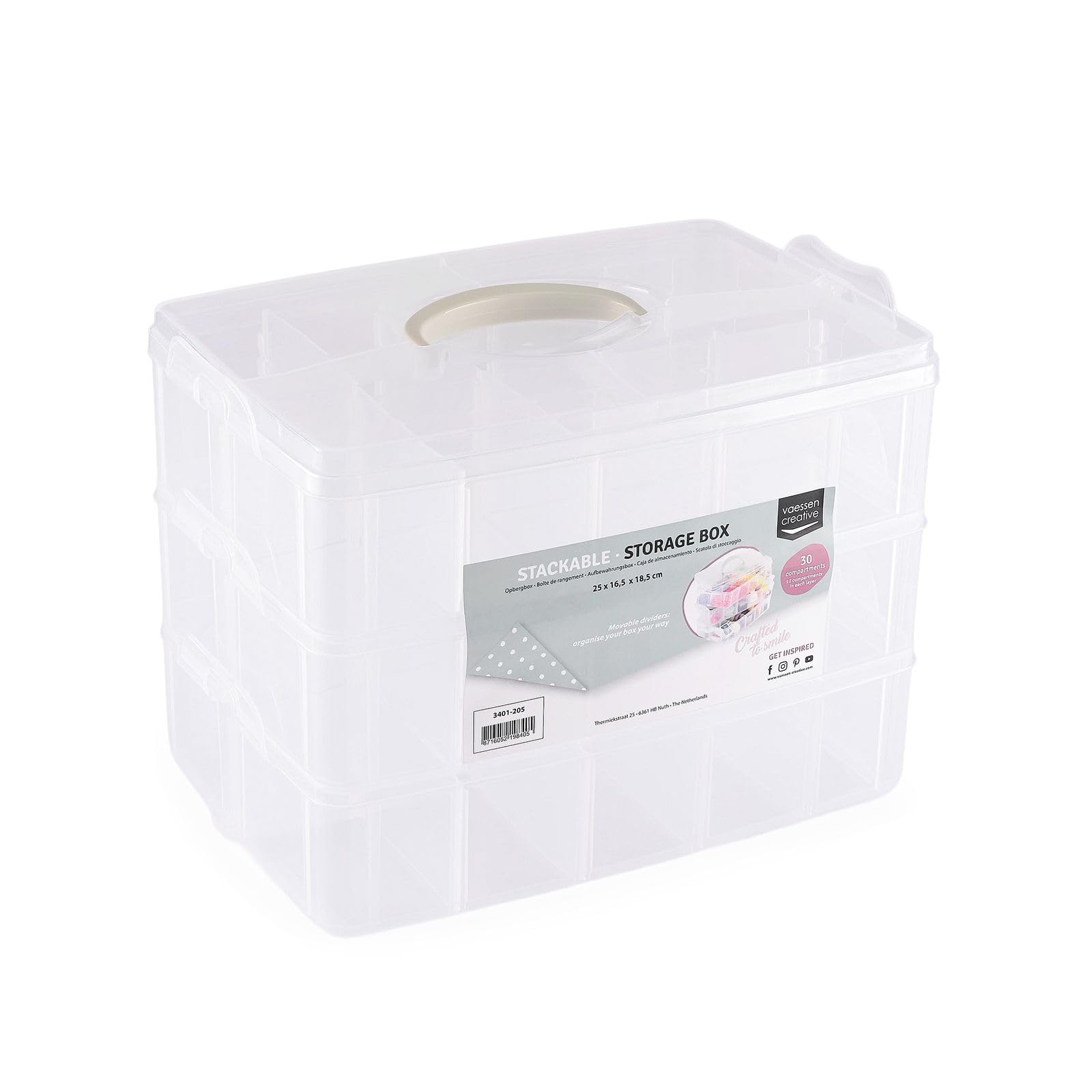Vaessen Creative Plastic Storage Box with Lid 25x16,5x18,5cm - 3 Layers and 30 Adjustable Compartments of 5 x 8 x 5,5cm - Clear Organiser for Sewing