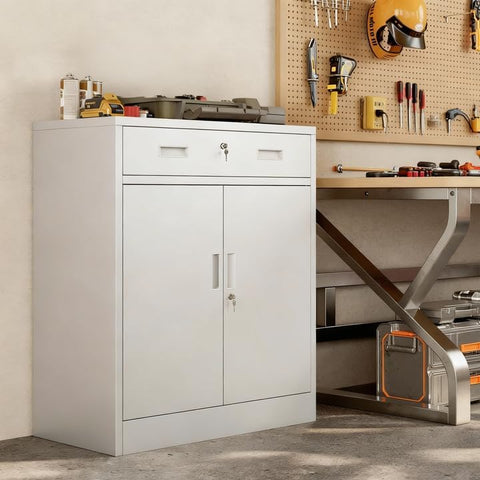 Metal Storage Cabinet, 90cm Locking Storage Cabinet with Doors, Steel Storage Cabinet with 1 Drawer and Adjustable Shelf for Garage, Home, Office