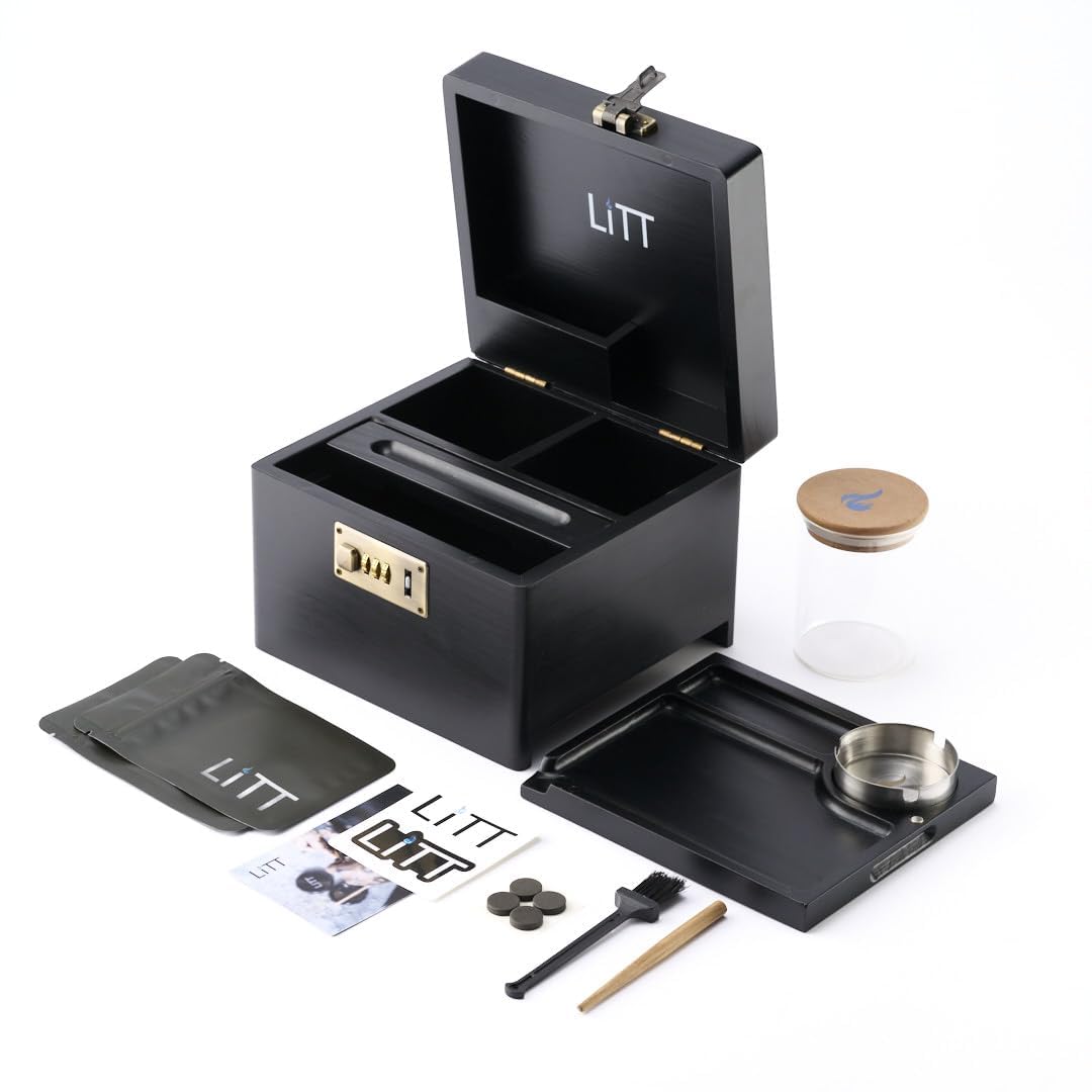 LITT - Premium Wooden Combination Lock Storage Stash Box Set with Glass Jar, Hidden Tray, and Storage Box (Black)