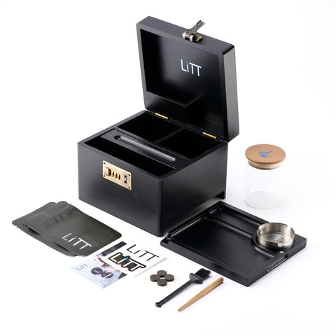 LITT - Premium Wooden Combination Lock Storage Stash Box Set with Glass Jar, Hidden Tray, and Storage Box (Black)