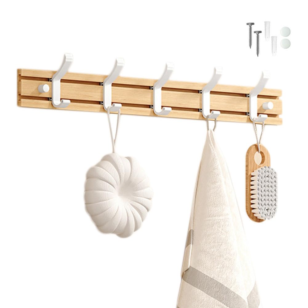 Koomuao Jumuao Bamboo Wall Mounted Coat Rack, 4 Hooks for Hanging Clothes, Bathrobes, Towels, Coats Wall Hook for Entryway, Bedroom, Bathroom