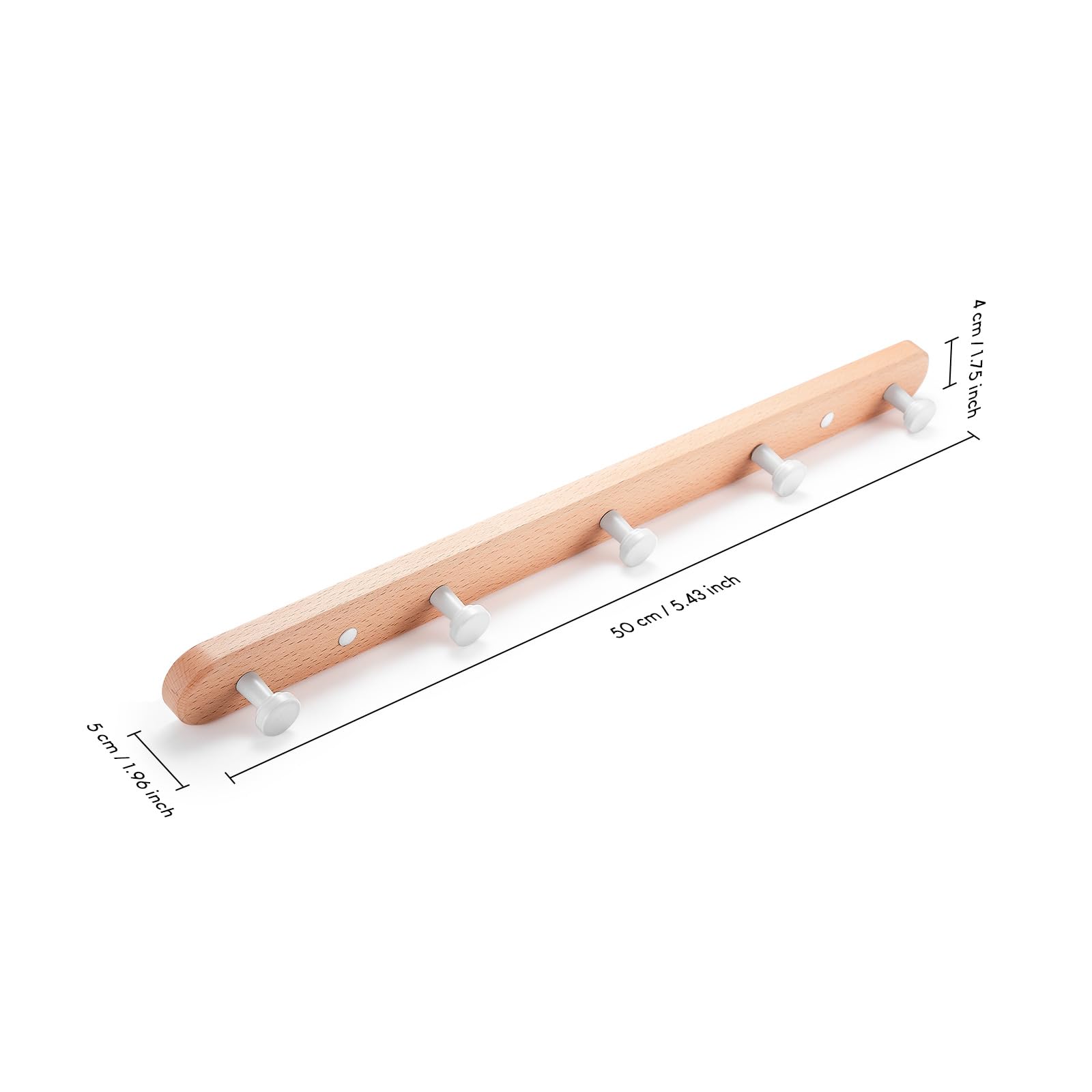 SARIHOSY 5-Hook Wall-Mounted Coat Hooks with White Zinc Alloy Coat Hook Oak Wooden Base for Bathroom Kithchen Coat Rack Round Hook-5 Hooks Clothes