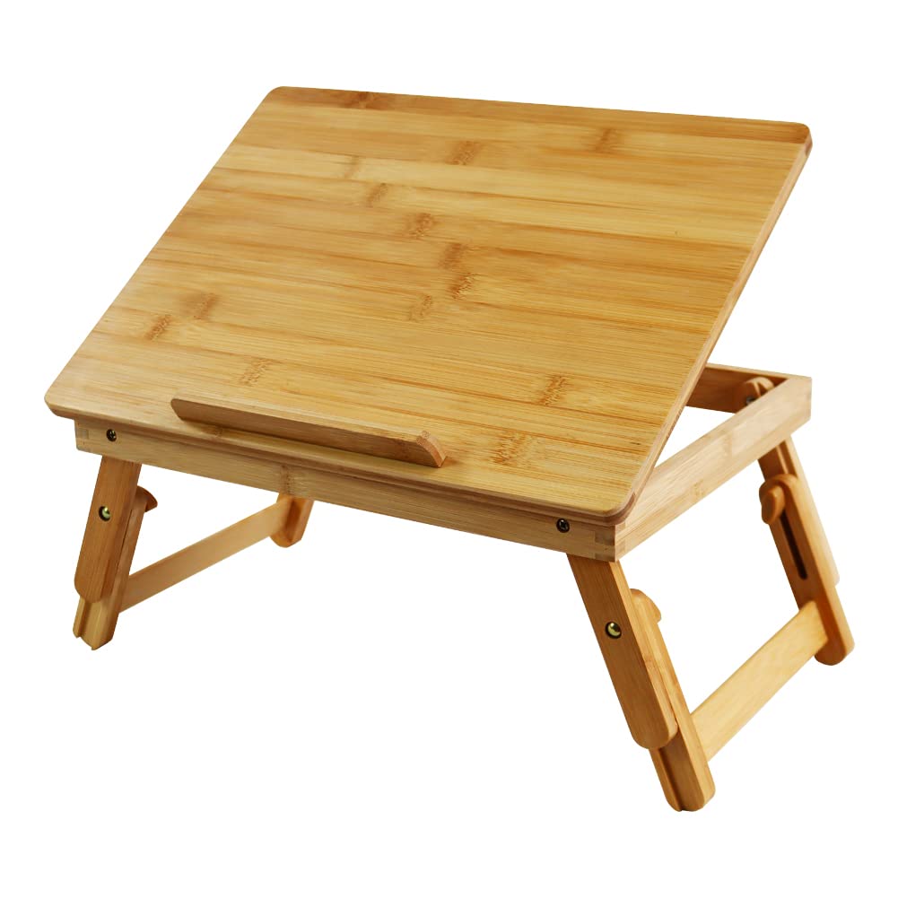 WKWKER Bamboo Laptop Desk With Folding Legs Tilting Surface Workstation Table Adjustable Laptop Stand Bed Tray For TV Sofa Study Computer Ipad Book