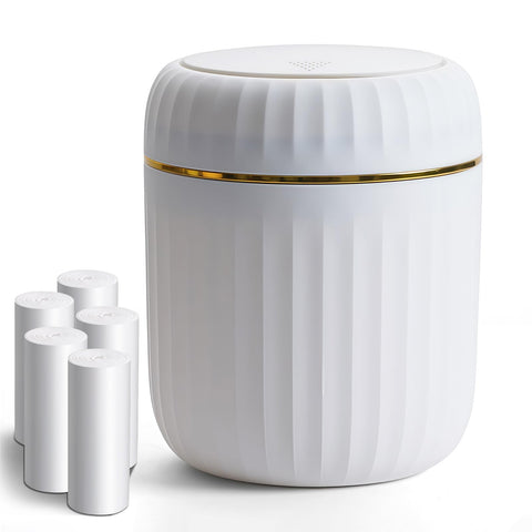 Mini Desk Bin with Press-Top Lid - Small Trash Can for Home Office Car Bathroom Living Room, White, 100 Garbage Bags Included