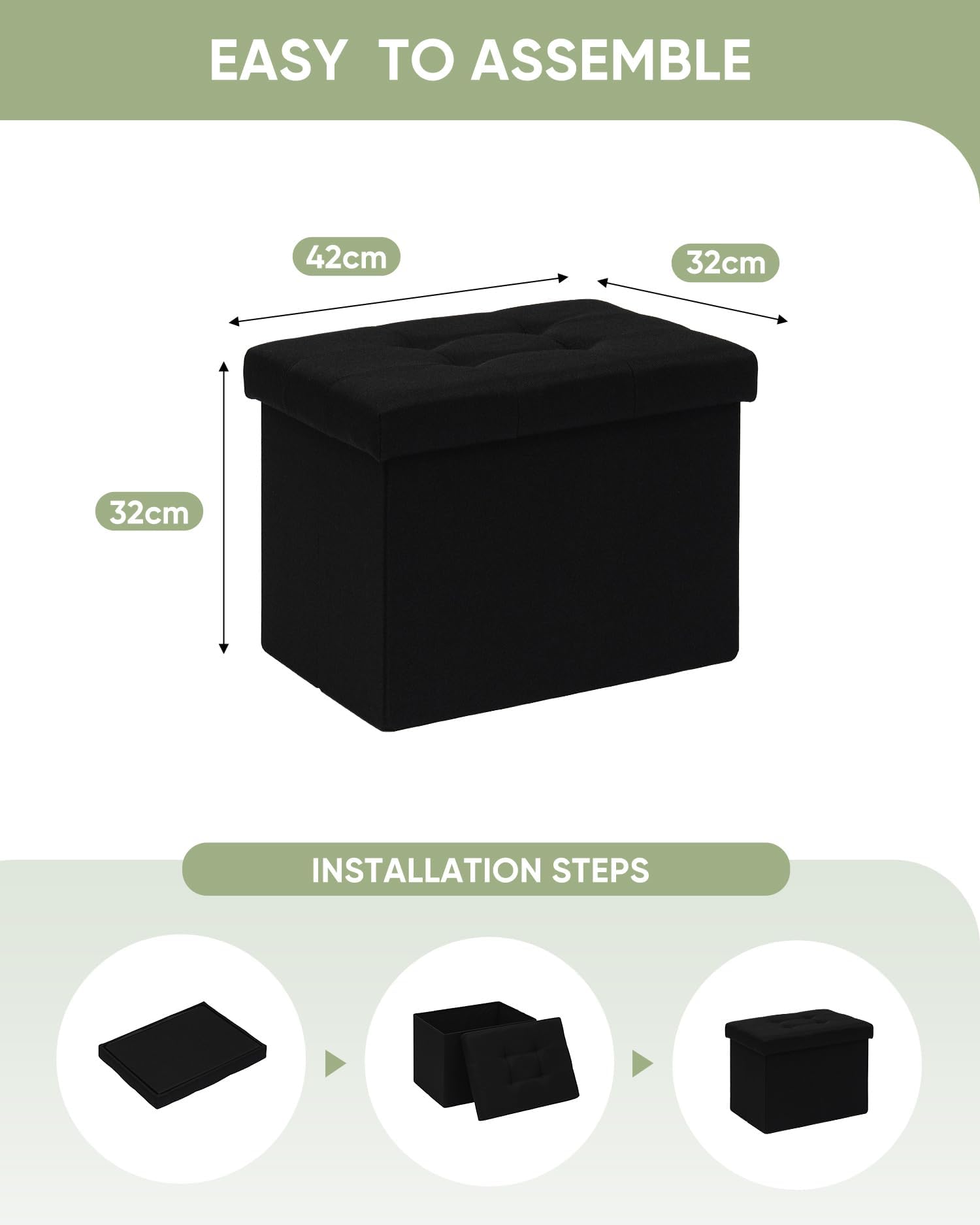 Bonlife Storage Ottoman, Folding Small Foot Rest,Toy Chest Storage Footrest Seat, Footstool for Living Room, Bedroom, Dorm, Fabric,Black,42x32x32cm