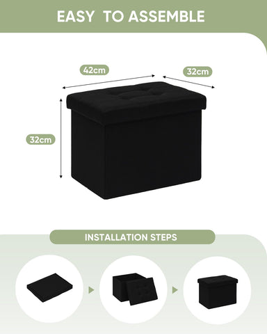 Bonlife Storage Ottoman, Folding Small Foot Rest,Toy Chest Storage Footrest Seat, Footstool for Living Room, Bedroom, Dorm, Fabric,Black,42x32x32cm