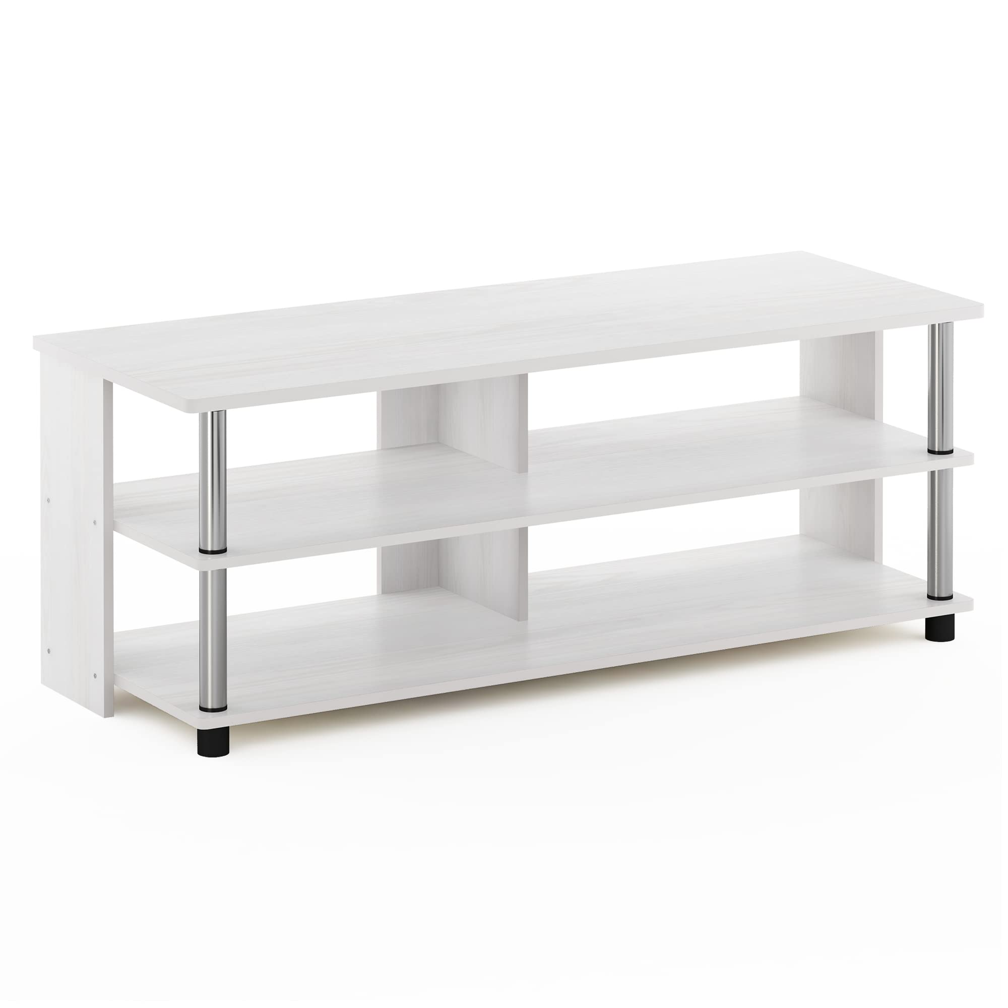 Furinno SULLY TV Stand, 3-Tier Entertainment Center, TV Console for TV up to 48 Inch, for Living Room, Bedroom, White Oak/Stainless Steel Tubes