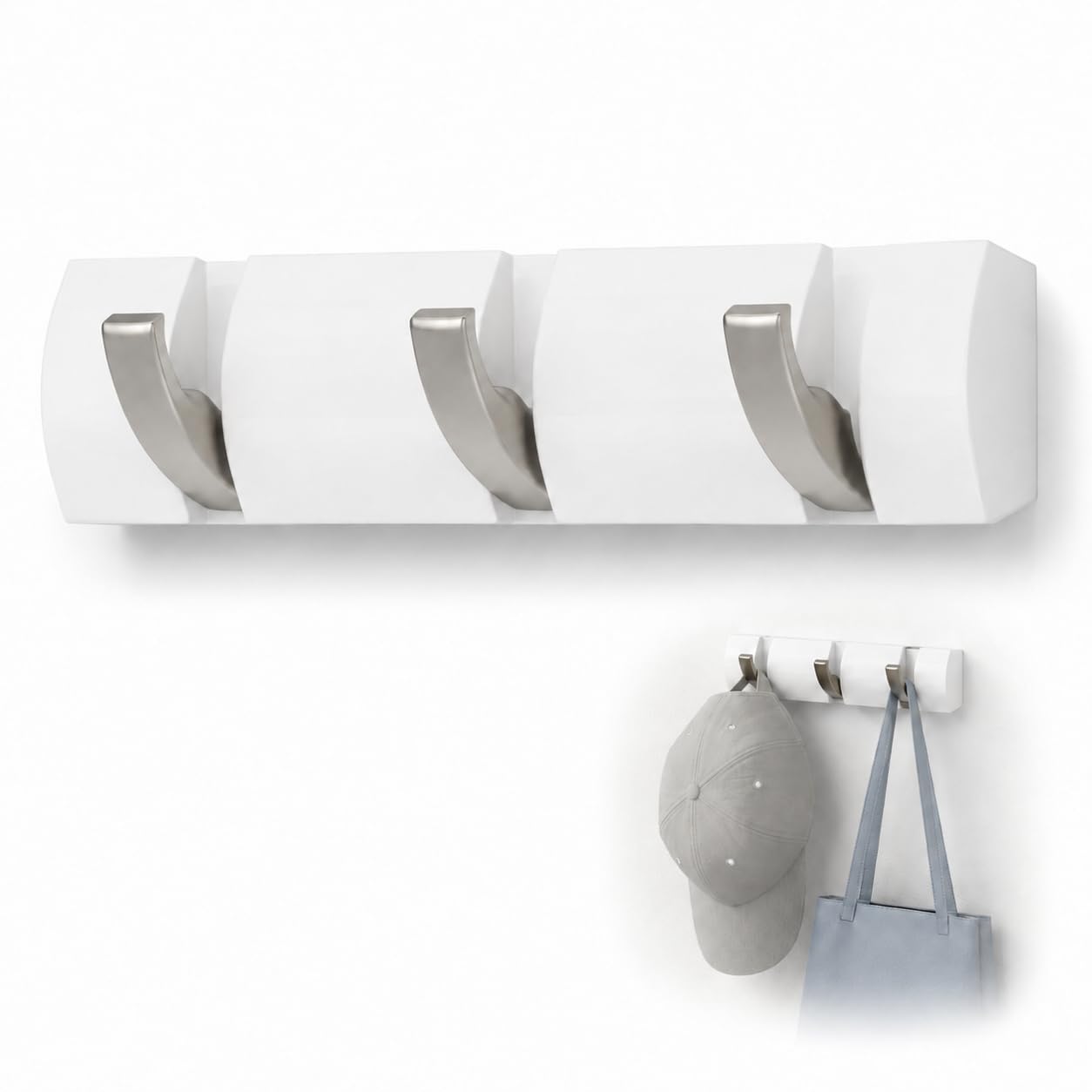 Terilamy Coat Hooks Wall Mounted, Self-Adhesive White Coat Hooks, Foldable Wall Hook with 3 Hooks, Space-Saving Coat Hanger