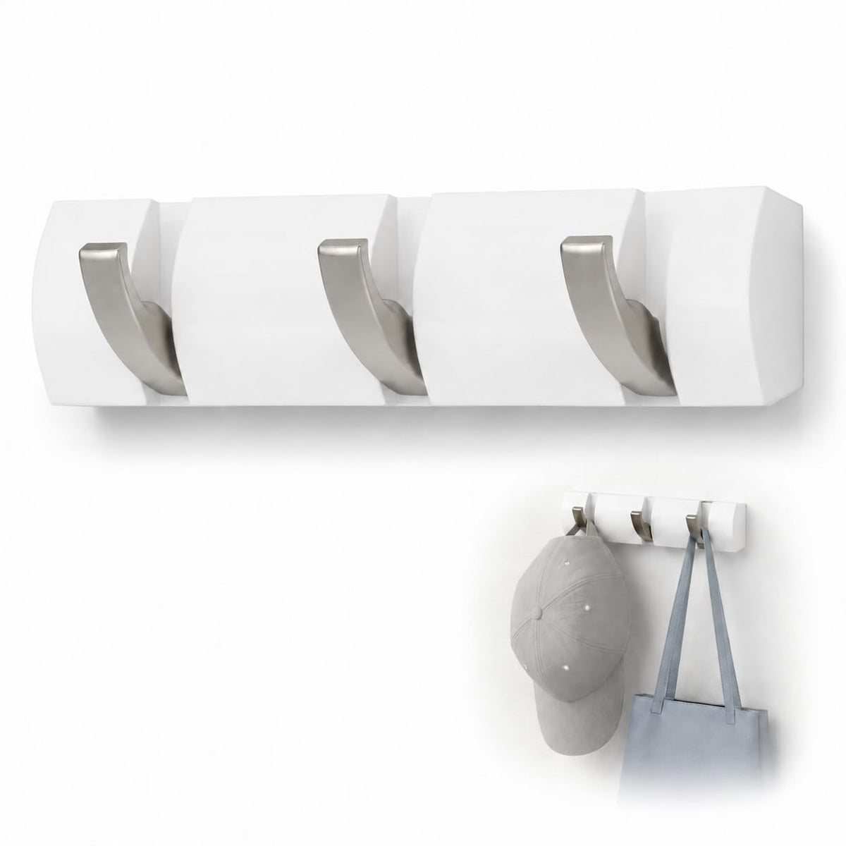 Terilamy Coat Hooks Wall Mounted, Self-Adhesive White Coat Hooks, Foldable Wall Hook with 3 Hooks, Space-Saving Coat Hanger