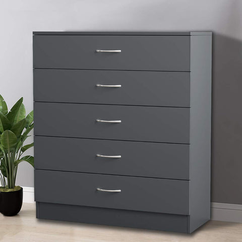 NRG Grey 5-Drawer Chest with Metal Handles, Storage Cabinet 75 x 36 x 90cm