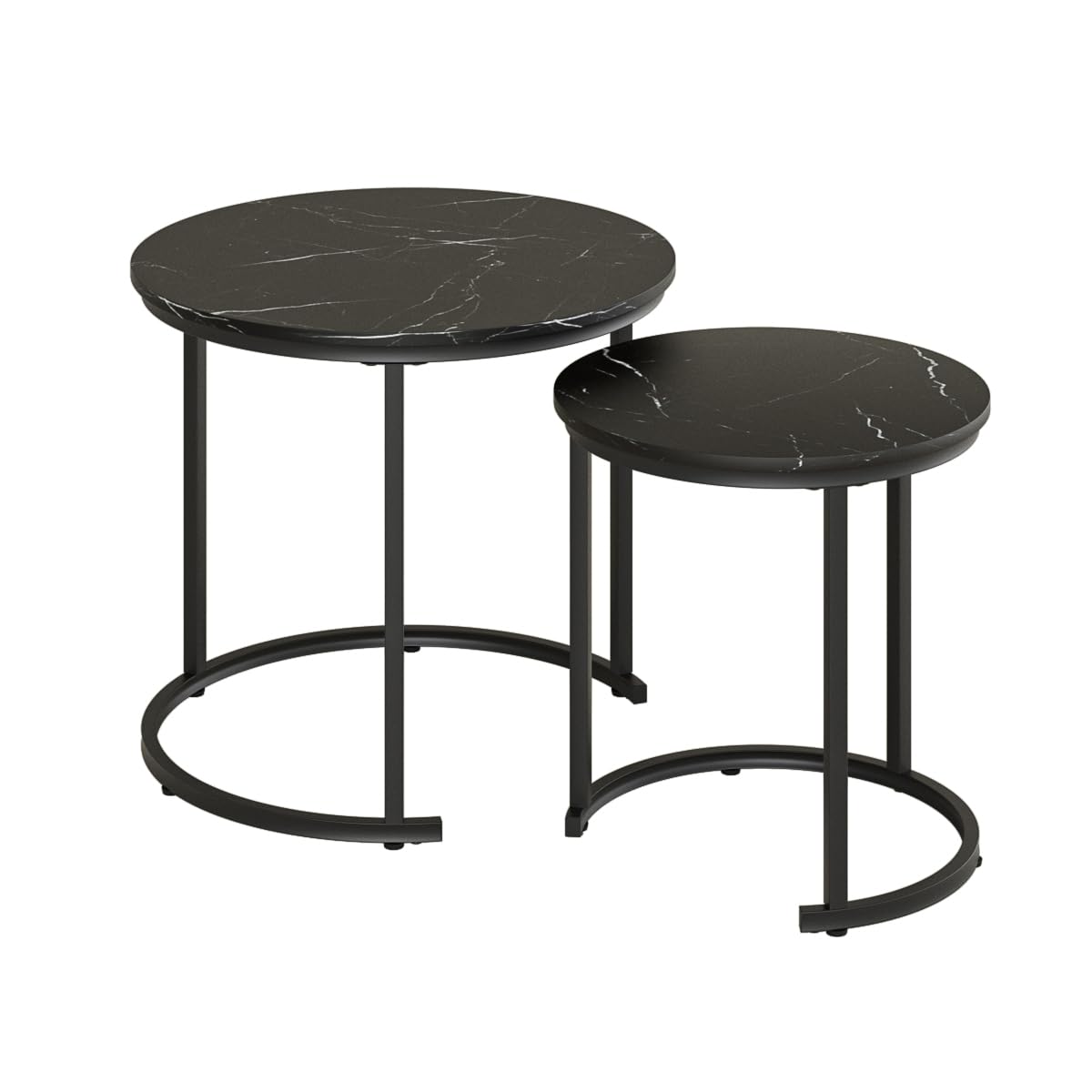 HEYZOEY Round Coffee Tables, Removable Set of 2 End Table, Nesting Table, Side Table with Black Metal Frame Legs and Marble Black Top for Living Room