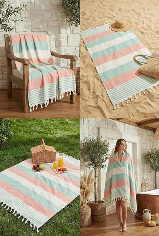 WEFLORIA Turkish Peshtemal Towel – Lightweight Quick Dry Beach & Spa Towel, Oversized Cotton Hammam Towel with Tassels – Travel, Pool, Bath, Sauna