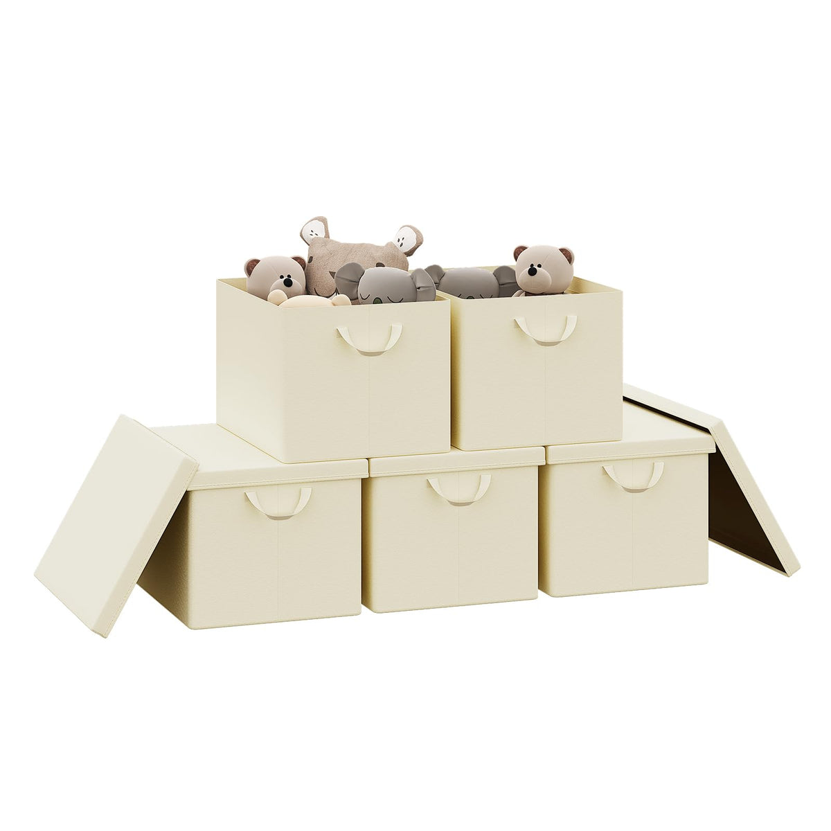 WOLTU Storage Boxes Set of 5, Storage Baskets, Storage Cubes with Handles and Lid, Fabric Folding Baskets for Shelves in Bedroom, Study