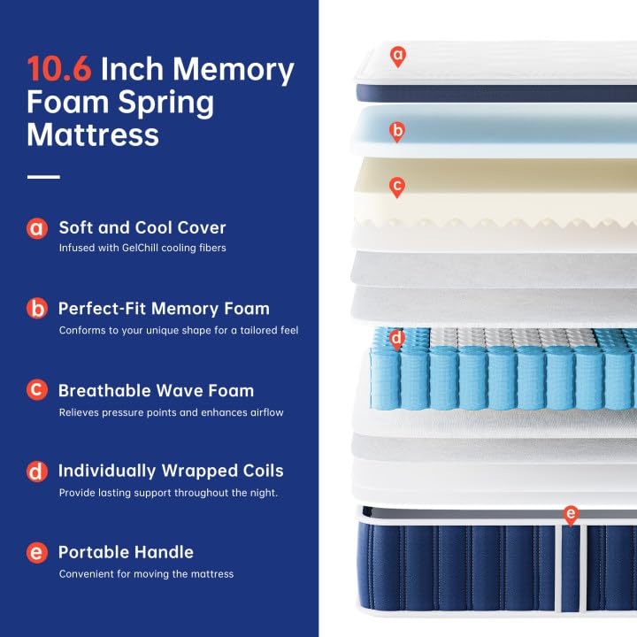 TeQsli Small Double Mattress Memory Foam Pocket Spring Hybrid 120x190x27 cm