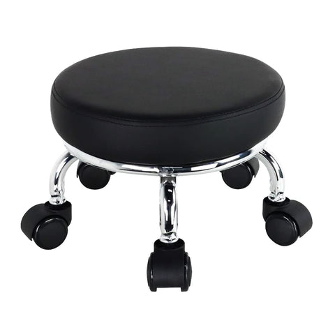 WKWKER Roller Seat PU Leather Low Round Rolling Stool Small Chair with Universal Swivel Caster Wheels for Home Office Garage Shop Fitness Sport（Black）