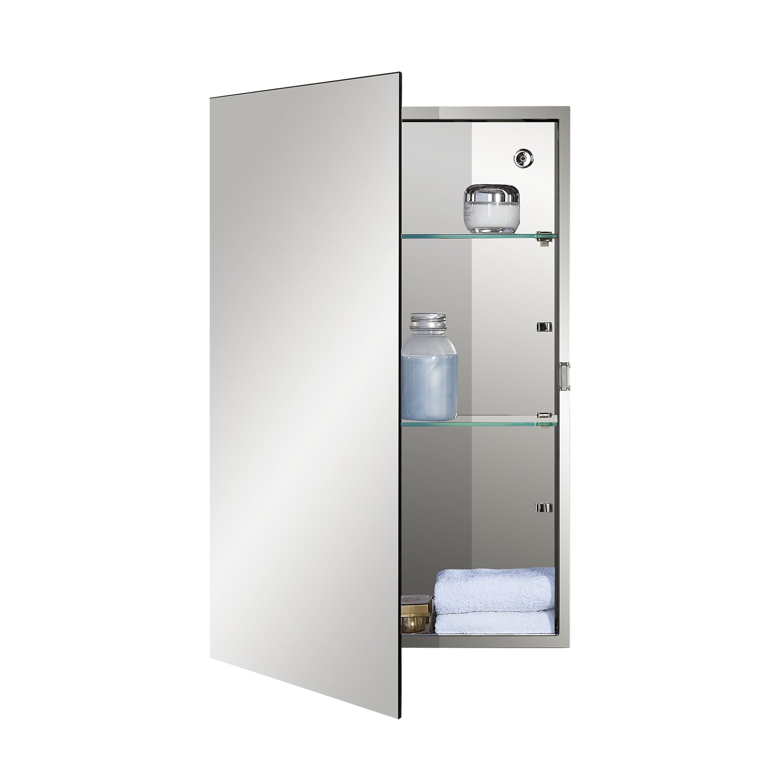 Fundin Stainless Steel Bathroom Mirror Cabinet, Single Door with Adjustable Glass Shelves, Surface Mounted, 40cm W x 60cm H, Mirrored Finish