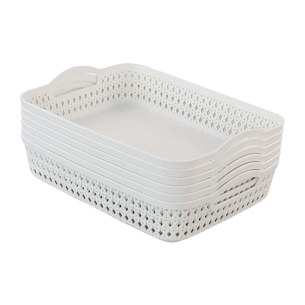 Callyne Set of 6 White Plastic Storage Tray Basket, Large Kitchen Storage Basket with Handle