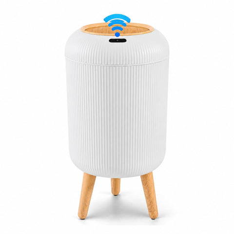 sapisecret 12L Automatic Motion Sensor Bin - Odour-Sealing Lid, Waterproof IPX5, Round Design with Wood-Effect Legs for Bathroom, Kitchen & Office