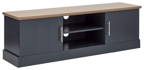 GFW Kendal Large TV Cabinet, Slate Blue and Oak Effect TV Unit with 2 Doors and Open Shelving, Country Style Media Storage Furniture