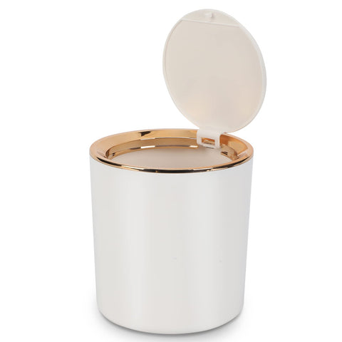 Desk Bin with Lid, Mini Table Trash Can,15 * 14.5cm Portable Small Dustbin for Bathroom Living Room Kitchen Car Dressing Table (White)