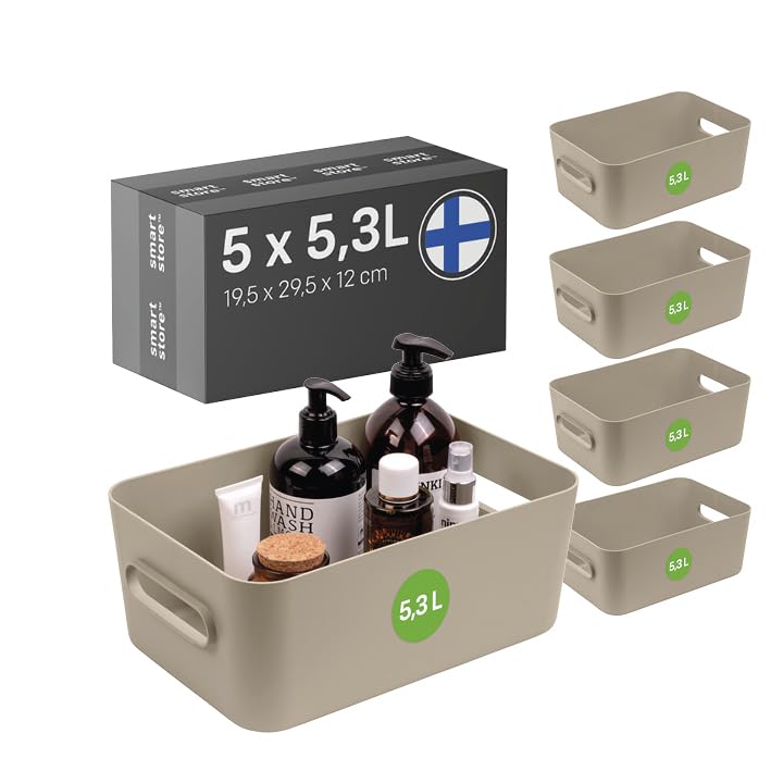 SmartStore Medium Plastic Storage Box with Handles 5× 5.3 L | Organiser Basket for Bathroom, Laundry, Kitchen, Office Drawers and Shelves