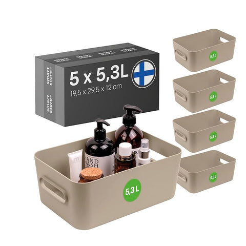 SmartStore Medium Plastic Storage Box with Handles 5× 5.3 L | Organiser Basket for Bathroom, Laundry, Kitchen, Office Drawers and Shelves