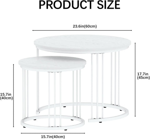 Huhote Round Coffee Tables, Set of 2 End Table, Nesting Tables, Side Table with Metal Frame for Living Room/Bedroom/Balcony/Office/Apartment
