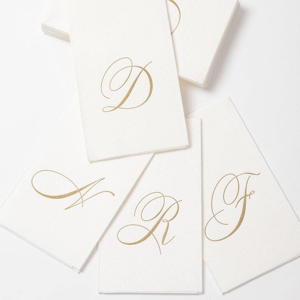 Caspari Signature Gold Initial W Paper Linen Guest Towels, White Pearl, Pack of 24